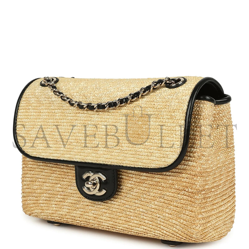 CHANEL MASTER SMALL FLAP BAG BEIGE BRAIDED RAFFIA AND BLACK LAMBSKIN LIGHT GOLD HARDWARE AS6017 (23*16*8cm)